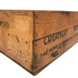 Caisse de beurre de crémerie en bois vintage, décoration de ferme moderne, publicité vintage, boîte en bois antique