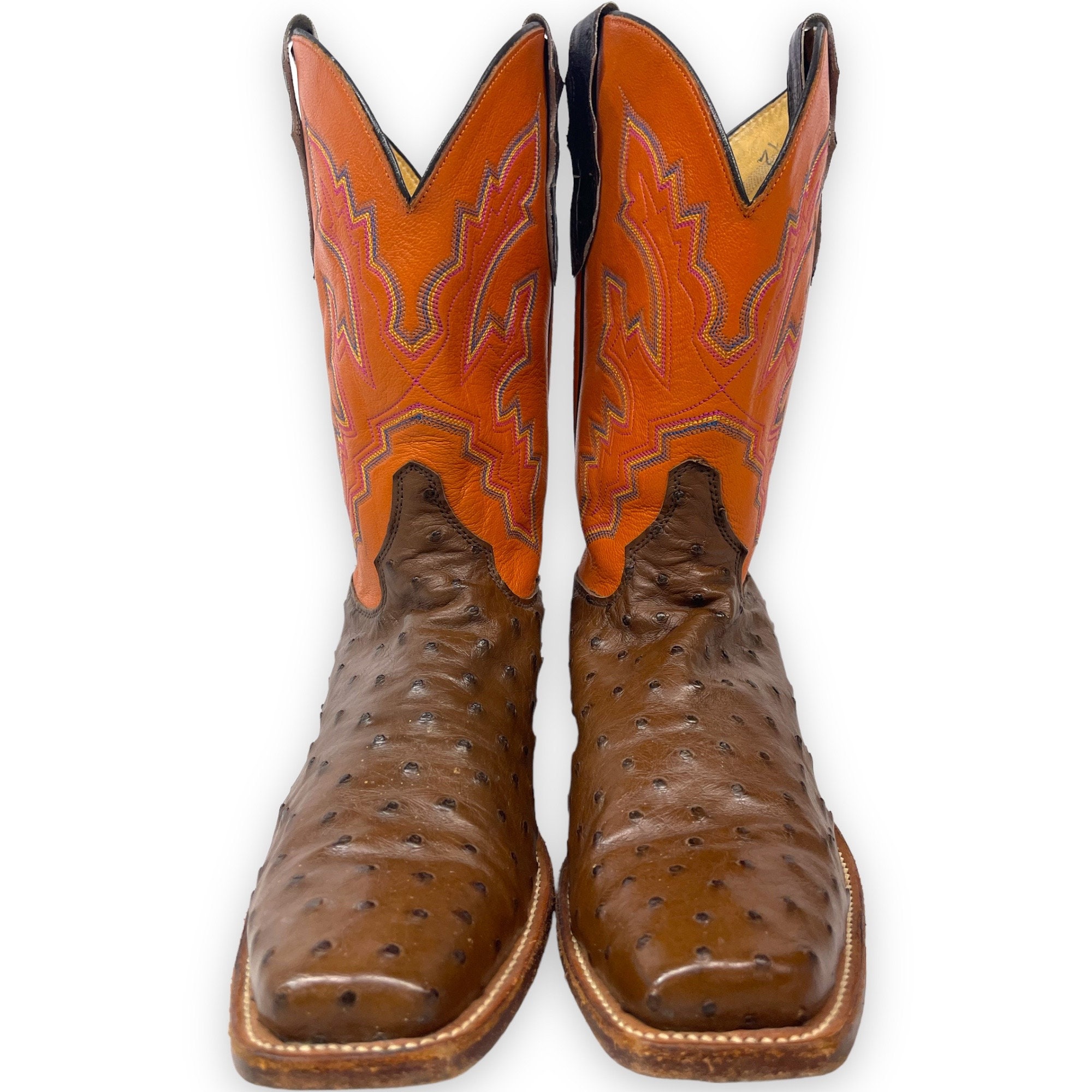 Vintage Bottes de cowboy western en cuir d'autruche orange