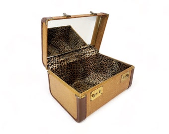 Vintage Mid Century Train Case, Modern Hard Side Makeup Carry On Luggage, Cosmetic Travel Case, Leopard Print Interior,