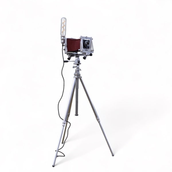 Vintage Graflix Camera Floor Lamp on a Star D Aluminum Tripod, Repurposed Mid Century Industrial Light, Red Bellows Graphic View Camera