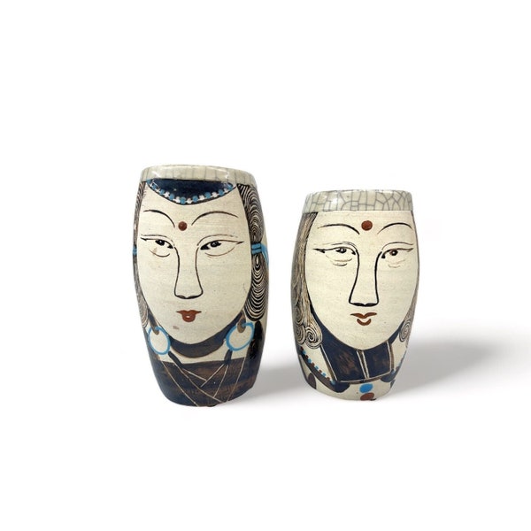 Vintage Hand Painted Face Vase Pair, Ceramic Man Woman Vases, Unique Faces Vases, Vase for Decor,