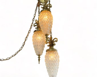 Vintage Mid Century Swag Lights, Spanish Revival Triple Pineapple Glass Pendant Light, Mid Century Modern Hanging Light, Victorian Pendants