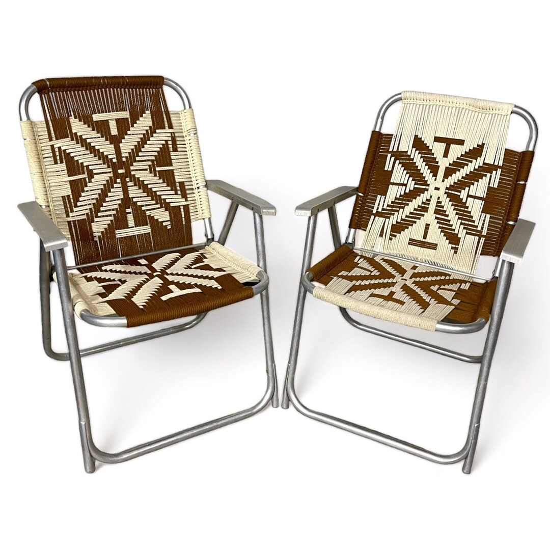 Vintage Aluminum Lawn Chairs With Macrame Seat and Backrest, Retro