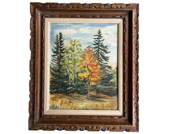 Vintage Fall Trees Painting – Signed 1950s Forest Art, Ornate Wood Frame (28x24 in)