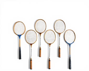 Vintage Wooden Badminton Rackets Set of 6 Wall Decor Sports Display