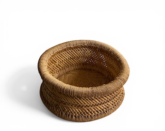 Vintage Woven Rattan Basket Bowl Boho Coastal Decor Round Wicker Storage