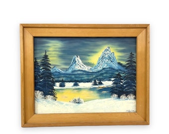Vintage Winter Landscape Painting - Snowy Mountain Lake Scene, Framed Canvas Art (28x22)