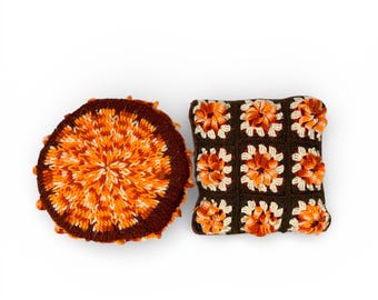 Vintage Handmade Crochet Pillow Set - Round & Granny Square, Fall Colors