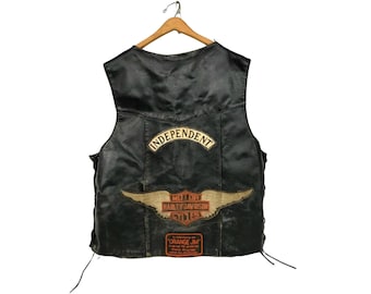 Vintage Harley Davidson Leather Biker Vest with Patches, Motorcycle Riding Gear, All American Rider, Independent Patch, Black Size 2XL