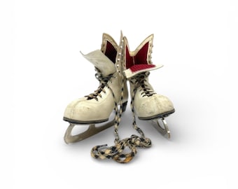 Patines de hielo vintage para mujer, ideales para decorar cabañas o refugios de esquí: patines blancos Sears con estampado de pata de gallo rojo y negro.