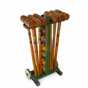 Vintage Croquet Set with Wheeled Cart & Wood Balls - 6 Player Wooden Lawn Game, Game Room, Den, Man Cave Decor, Retro Sports Display