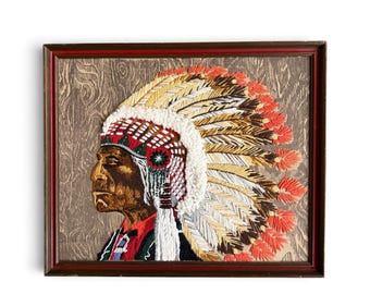 Vintage Crewel Embroidery Wall Art - Framed Native American Portrait