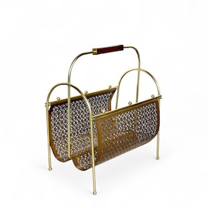 Vintage Mid Century Magazine Rack - Geometric Metal & Wood Handle, Retro Decor Storage, MCM Home Organizer