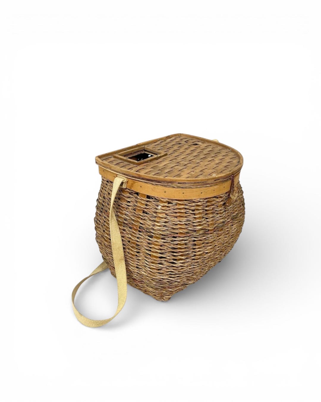 Panier De Pêche Ancien (creel) – Osier Et Cuir – Vintage – Décoration Rustique Cabane