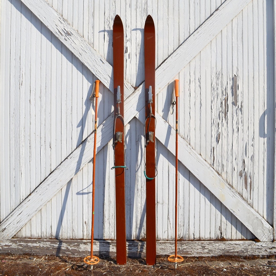 Vintage Snow Skis Pair, Mercury Snow Skis, Snow Skis and Poles, Mercury Wood Metal Snow Skis