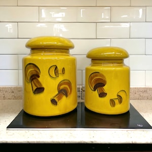 Vintage Mushroom Canister Set, Retro 1969 Los Angeles Pottery Canisters, Kitchen Decor, 60s Yellow and Brown Ceramic Canister