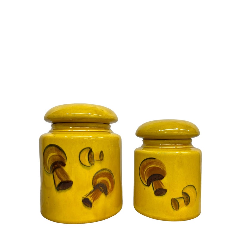 Vintage Mushroom Canister Set, Retro 1969 Los Angeles Pottery Canisters, Kitchen Decor, 60s Yellow and Brown Ceramic Canister image 2