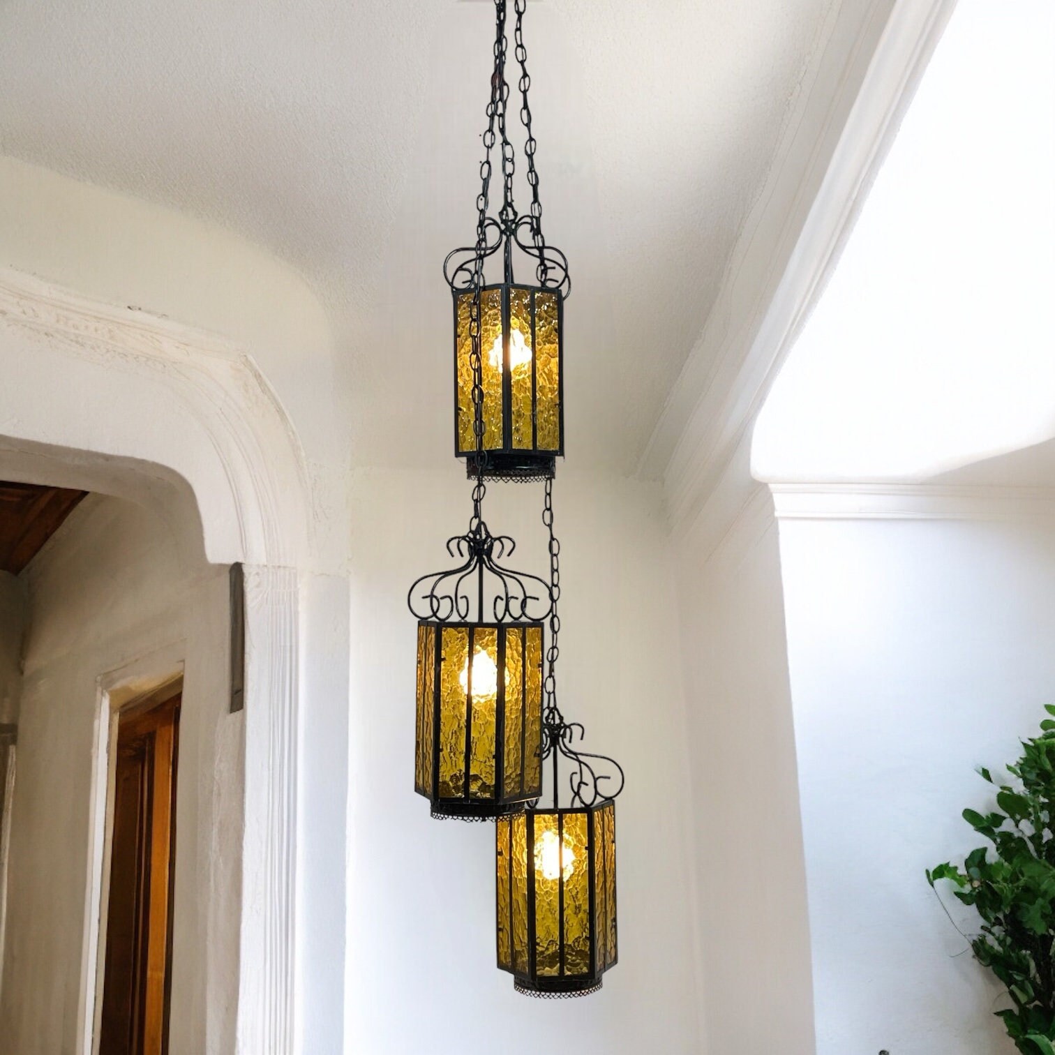Vintage Wrought Iron and Amber Glass 3 Pendant Hanging Light
