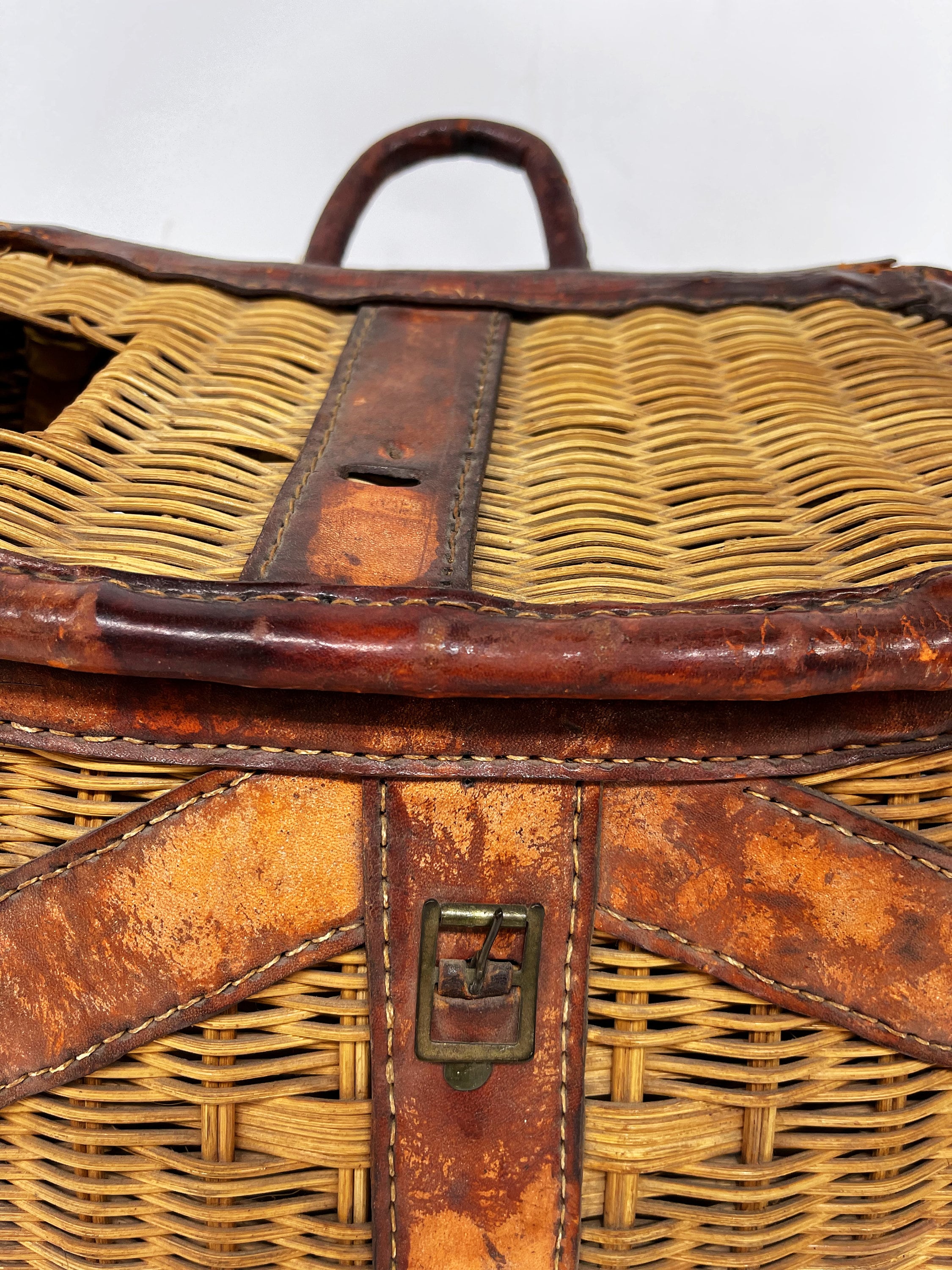 1890's French Wicker Fishing Creel Backpack W/Leather Trim