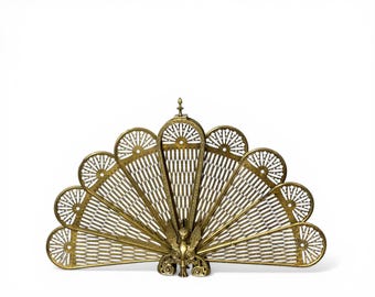 Vintage Peacock Fireplace Screen - Folding Brass Fan Griffin Gryphon Decor