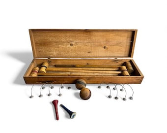 Antique Croquet Set in Wood Box -  Lawn Game Room Decor