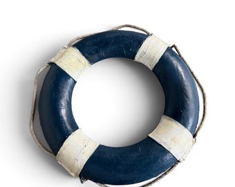 Vintage Life Preserver - 30 Inch Navy Blue & White with Rope