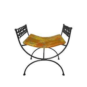 Vintage Black Wrought Iron Chair - Removable Upholstered Retro 70s Floral Curved Seat, Unique Vanity Chair, Retro Seating, Living Room Chair