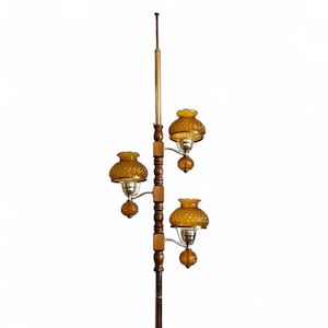 Vintage Mid Century Tension Pole Floor Lamp - 3 Arm Amber Quilted Ruffle Glass Shades, Wood and Metal Pole Light