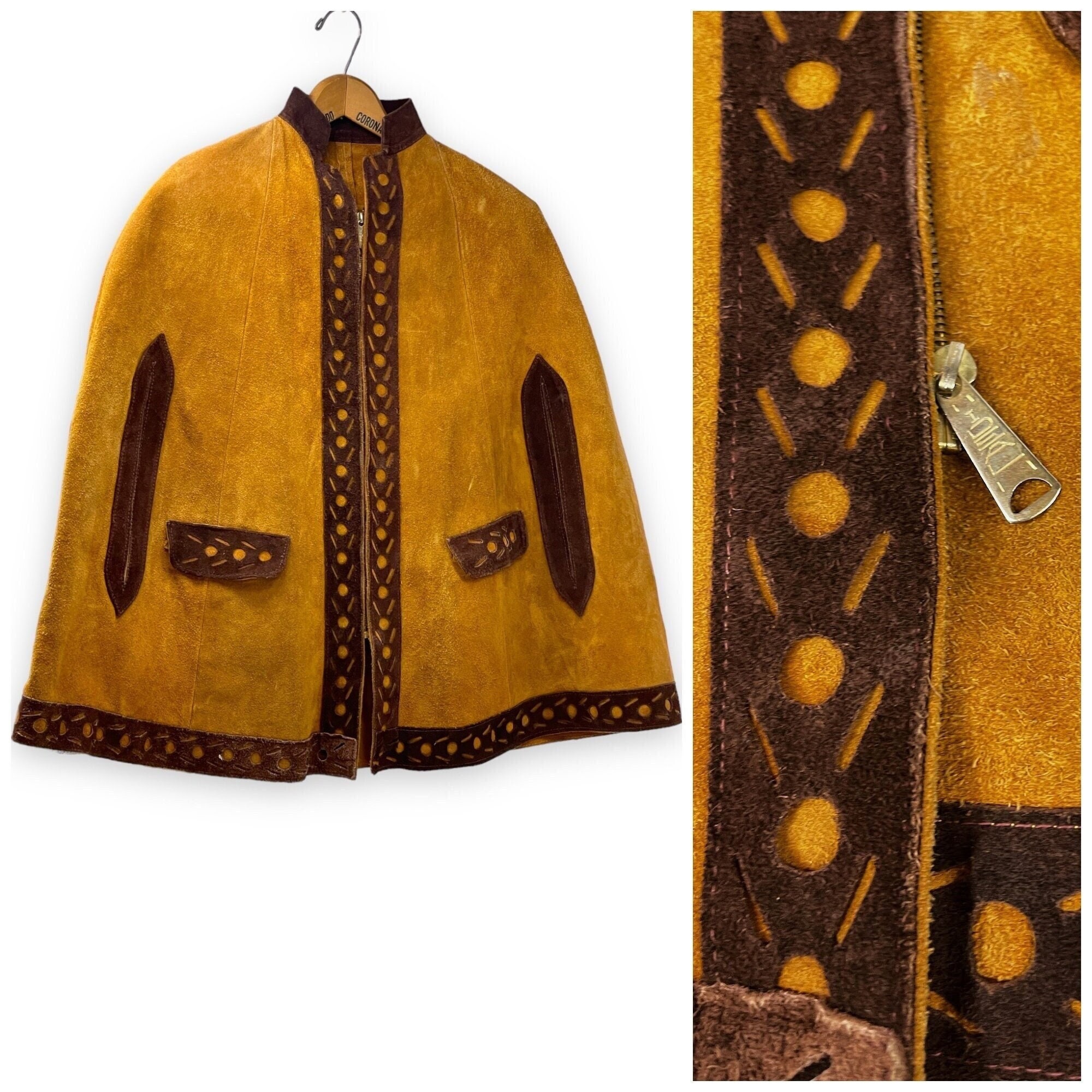 Vintage Leather Poncho - Suede Poncho, Two Tone Leather Handmade Poncho, Vintage Wester Wear, 70s Suede Poncho, Poncho with Pockets