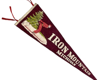 Vintage Felt Pennant Iron Mountain - Downhill Skier, Winter Cabin Wall Decor, Rustic Lodge Wall Art, Gift for Skier, Snow Skiing Unique Art