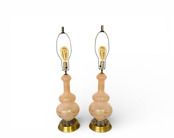 Vintage Pink Glass Genie Bottle Lamps Pair - Gold Leaf Hollywood Regency Lighting