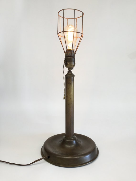 Vintage Brass Lamp Cage Table Primitive Antique Lighting Industrial