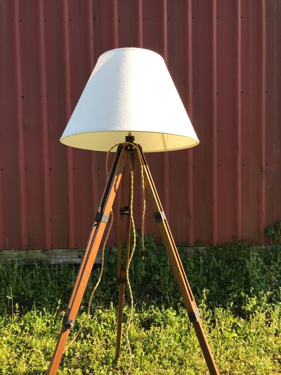 Vintage Tripod Lamp Wood Floor Rustic Beach Coastal Decor Wooden Adjustable