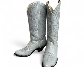 Vintage Kenny Rogers Leather Cowboy Boots - Pale Blue Stitch, Size 7 (Original Box)
