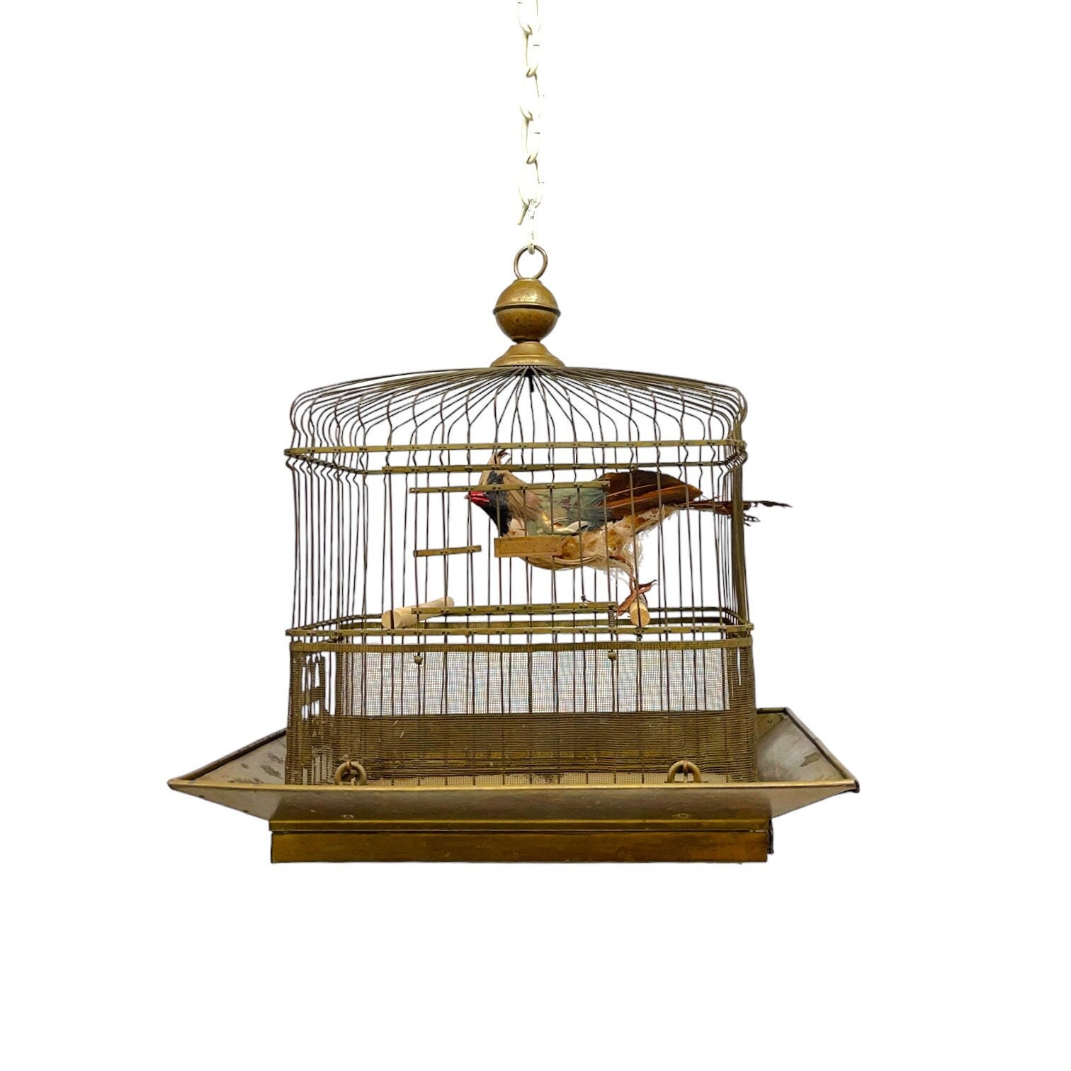 Antique Hendryx Brass Bird Cage With Bird, Fancy Art Deco Cages