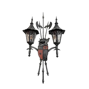 May include: Black metal wall sconce with two glass lanterns and a decorative shield with a fleur-de-lis design.