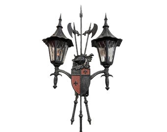 Vintage Gothic Medieval Light Fixture - Hadco 60s Coat of Arms, Rare Large Medieval Statement Piece Outdoor Lighting, Goth Double Light