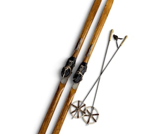Vintage Wooden Snow Skis, Boots & Poles - Rustic Mountain Lodge Cabin Decor