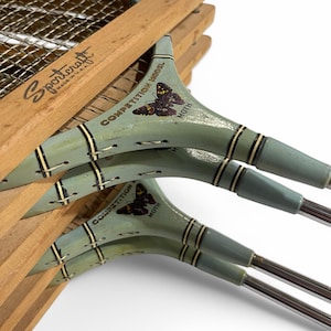 Vintage Wooden Badminton Rackets - Sportcraft Moth Set 4 with Wood Press, Game Room Wall Decor, Sports Decor, Racket Sports Memorabilia