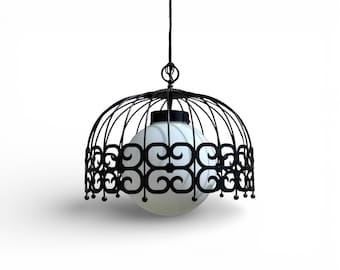Vintage Art Deco Pendant Light - Black Metal Cage, Milk Glass Globe, Umanoff