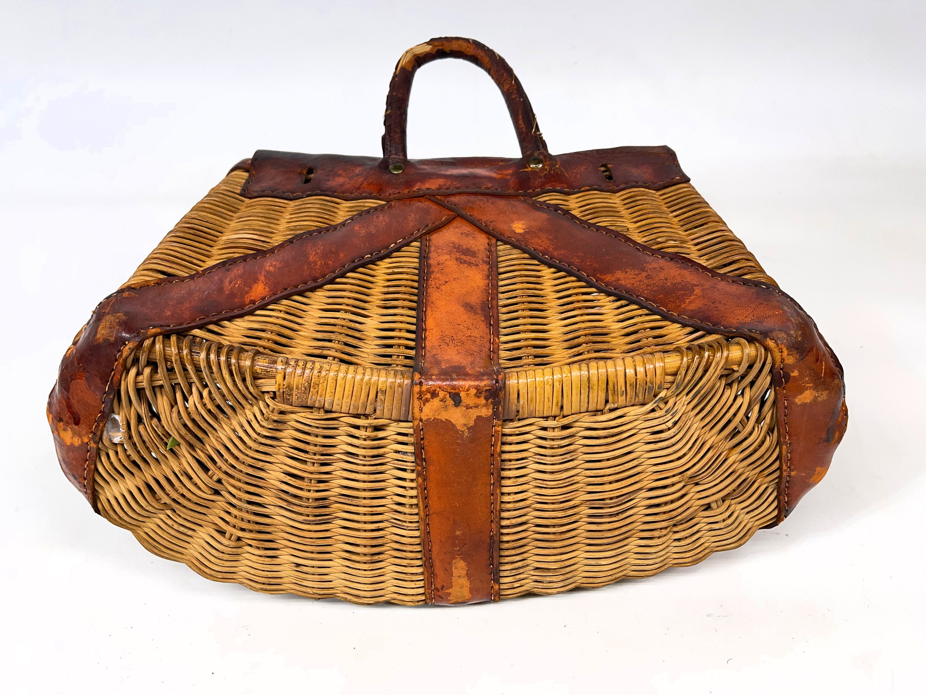 Authentic vintage Kreel, Fish Basket. Tooled Leather Strap, Leather  Accents. Rustic, Cottage Core, Primitive.