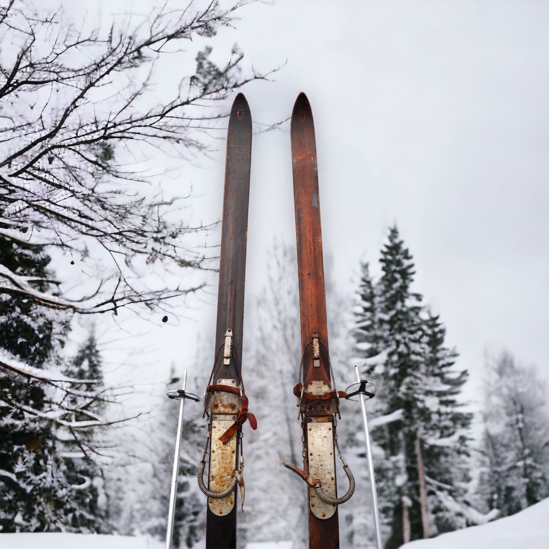 Vintage Snow Skis Pair Hickory Wooden Snow Skis Wood Snow Etsy