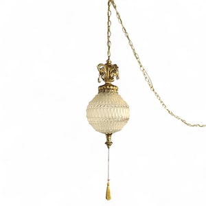 Vintage Mid Century Swag Pendant Light - Frosted Glass & Gold, Plug in Hanging Lamp with Chain and Tassel