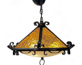 Vintage Wrought Iron Ceiling Light with Amber Glass - Spanish Revival Lighting - Hardwired Hanging Pendant Lamp with Chain, Made in USA