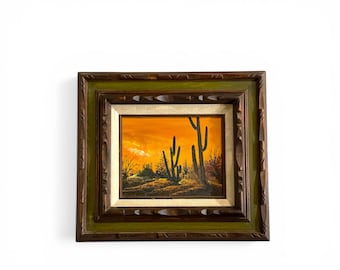 Vintage Desert Cactus Painting Framed - Southwestern Landscape Western Wall Art Signed