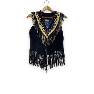 Vintage Women&#39;s Beaded Leather Fringe Vest - Western Wear by Tribe America, Boho Festival Clothing, Handmade in USA