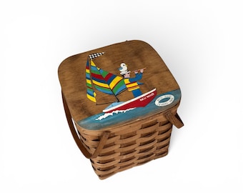 Vintage Basketville Picnic Basket Hand Painted Nautical Sailboat Coastal Decor