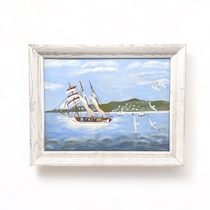 Vintage Coastal  Oil Painting - Sailboat and Seagulls in Flight, Beach House Decor, 60s Original Nautical Wall Art, Ocean Seascape Art