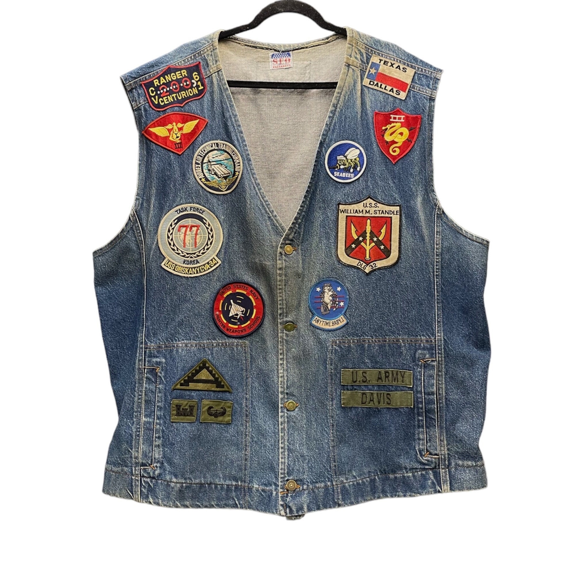 Vintage Denim Vest With Military Patches, WWII Collectibles