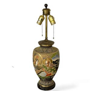 Vintage Japanese Satsuma Table Lamp - Moriage Decor, Carved Wood Base, Hand Painted Figures & Landscape, Double Socket